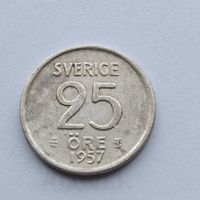 25 эре 1957 года Швеция. Серебро 400. Монета не чищена. 22