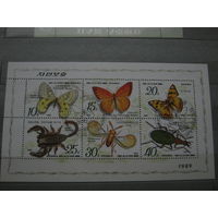 Марки - Корея, бабочки, насекомые, жуки, фауна, блок