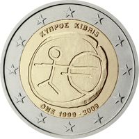 2 евро 2009 Кипр 10 лет монетарной политики ЕС UNC из ролла
