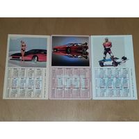 Календарики двухсторонние 1990 - 1993 Автомобили. Велосипед. Девушки. 3 шт. одним лотом