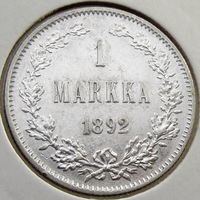 Россия для Финляндии, 1 марка 1892 года (L), XF, серебро 868/ 5,18 г, Биткин #231