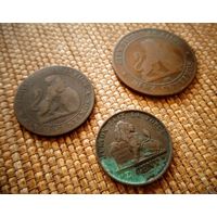 ТОРГ! Бельгия 19 век! 3 монеты! 1870-е! Львы! Шоколадная патина! Медь! ВОЗМОЖЕН ОБМЕ!