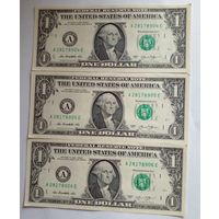 США 1 доллар 2013г. 3 номера подряд с А 28178904 Е UNC Без обращения.