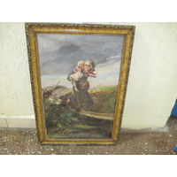 Дети, бегущие от грозы. Старая копия маслом на холсте картины К. Маковского в раме 78х54 см.