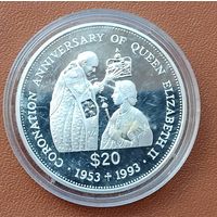 Серебро 0,925! 20 долларов, 1993 40 лет коронации Елизаветы II