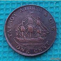 США 1 цент 1791 года. Корабль. Поселение-порт свободной торговли.