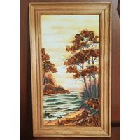 Картина с натуральным янтарём. Пейзаж с морем и деревьями