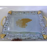 Поднос металл серебристый и золотая роспись виноградная лоза