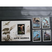 Марки - фауна, Корея, птицы, блок и 4 марки