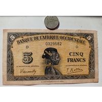 Werty71 Французская Западная Африка 5 франков 1942 Редкая банкнота Кот- дИвуар