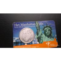 Нидерланды 5 евро 2009 400 лет Манхэттену медь с серебряным покрытием (медь оголилась) в холдере