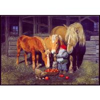Швеция открытка Рождество гном лошади кот