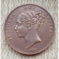 Великобритании 1 пенни 1851 года. Королева Виктория. Британия.