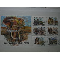 Марки - Танзания фауна блок и 6 марок, 1993 - слон носорог дикие кошки лев и др.