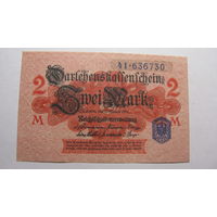 Германия 2 марки 1914 г. Ro52d . Редкость - печать и номер СИНЕГО цвета ( состояние СУПЕР )