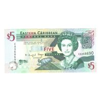 Восточные Карибы 5 долларов 2008 года. Тип Р 47a. Буквы СА. Состояние UNC!