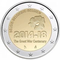 2 евро 2014 Бельгия 100 лет началу Первой Мировой войны UNC из ролла