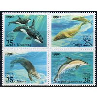 Морские животные (СССР-США) СССР 1990 год (6251-6254) серия из 4-х марок в квартблоке