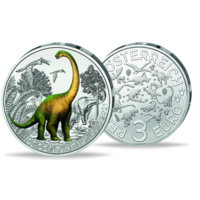 3 Евро Австрия 2021. 9-я из 12-ти монет Серия "Супер Динозавры" Аргентинозавр /Argentinosaurus/ - самое большое травоядное. Цветная светящаяся монета