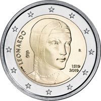 2 Евро Италии 2019 500 лет со дня смерти Леонардо да Винчи UNC из ролла