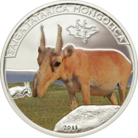 Монголия 500 тугриков 2011г "Сайга". Монета в капсуле; подарочном футляре; сертификат; коробка. СЕРЕБРО 25гр.