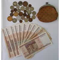 Монеты разные , бонкноты кошелек