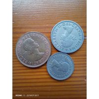 Великобритания 1 шиллинг 1955, 6 пенсов 1962, пол пени 1967-89