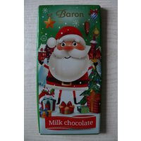 Фантик, обертка. Шоколад молочный "Baron", Дед Мороз с подарками (2021, Польша, 90 грамм).