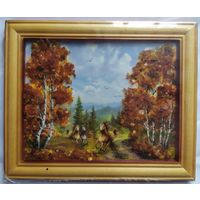 Картина с натуральным янтарём 14,5 х 17,5 см в деревянной рамке
