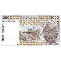 Кот д" Ивуар 1000 франков образца 1998 года UNC p111Ah