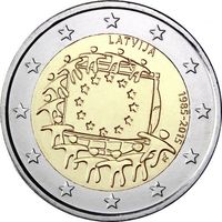 2 евро 2015 Латвия 30 лет флагу UNC из ролла