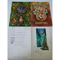 Двойная и 2 обычные, прошедшие почту, открытки художника В.Пономарёва