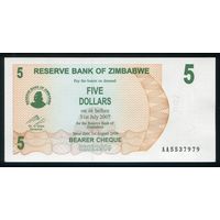 Зимбабве 5 долларов 2007 г. P38. Серия AA. UNC