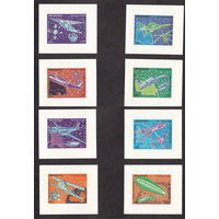 Авиация. Йемен. 1982. 8 люкс-блоков. Пробный выпуск серии марок, выпущенный немецкой фирмой Carl Ueberreuter Druck und Verlag.