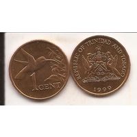 Тринидад и Тобаго 1 цент 1999 колибри птица фауна герб UNC