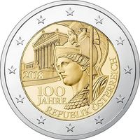 Австрия 2 евро 2018 100 лет со дня основания Австрийской Республики UNC из ролла