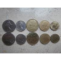 Набор 5 монет 1 франк 1/2 франка 20, 10, 5 сантимов Франция