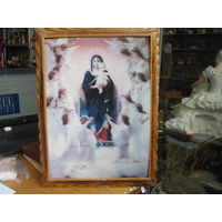 Богоматерь с Иисусом в кругу ангелов. Икона-голография в деревянной раме 38х28 см.