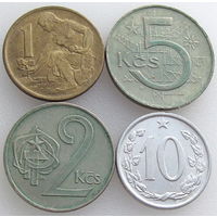 Четыре монеты Чехословакии: 1 крона 1981, 2 кроны 1973, 5 крон 1979, 10 геллеров 1962