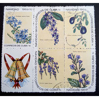 Куба 1969-70 г. Рождество. Цветы. Флора, сцепка из 6 марок #0159-Ф1