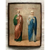 Старинная ИКОНА Святой Апостол и евангелист ИОАНН БОГОСЛОВ и Святая Великомученица АЛЕКСАНДРА 19 век (размер 23*30) ОТЛИЧНАЯ