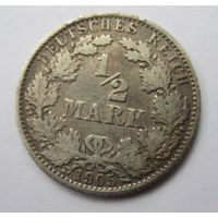 Германия 1/2 марки 1905 G  серебро   .24-99
