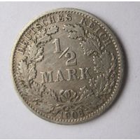 Германия 1/2 марки 1906 G  серебро   .24-101
