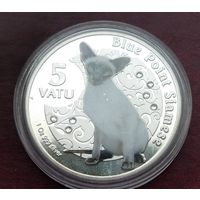 Серебро 0.999! Вануату 5 вату, 2015 Кошки - Сиамская кошка