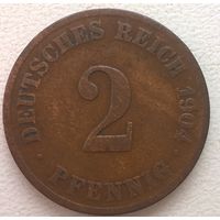 Германская империя. 2 пфеннига 1904"J" редкая. тираж 44 000шт. (D-86)