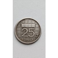 Нидерланды. 25 центов 1991 года.
