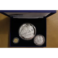Олимпийские игры 2014 года. Лыжные гонки, 100, 20 и 20 рублей (серебро, золото и снова серебро) подарочный набор из 3-х монет