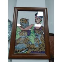 Картина вышивка с леопардами под стеклом ,рама дерево 54 на 45