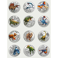 3 Евро Австрия 2019-2022 год. Полная серия 12 монет "Супер Динозавры".  Цветные светящиеся монеты