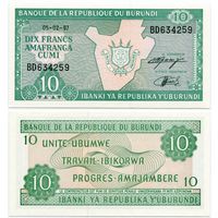 Бурунди. 10 франков (образца 1997 года, P33d, UNC)